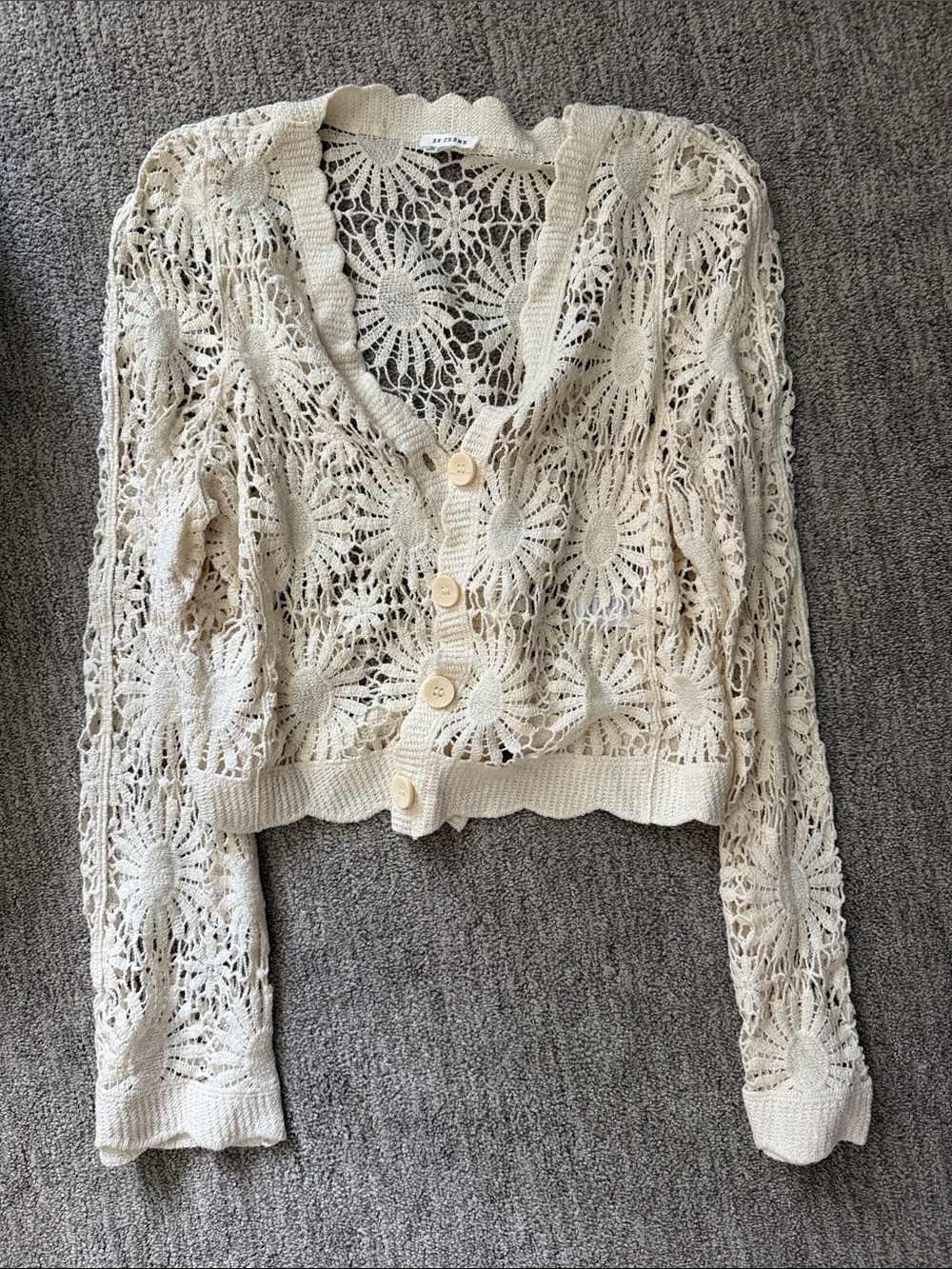 En Creme Cream Crochet Floral Button-Up Cardigan